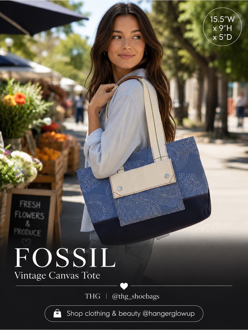 Fossil Blue Floral Canvas Tote Vintage Americana iPad Travel Everyday Bag